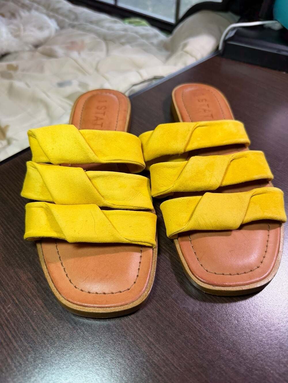 1.STATE Frel Yellow Suede Tri-Strap Slide Sandals Size 7